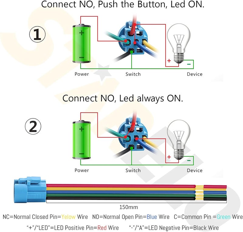 STARELO 5pcs 19mm Latching led Push Button Switch Black Shell, IP65 Waterproof Push Button Switch,1NO 1 NC with Wire Socket Plug,Self-Locking with LED(Blue). - Image 3